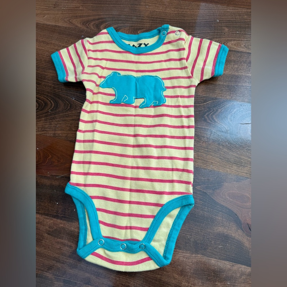 Lazy one baby onesie with bear on it striped 6 month